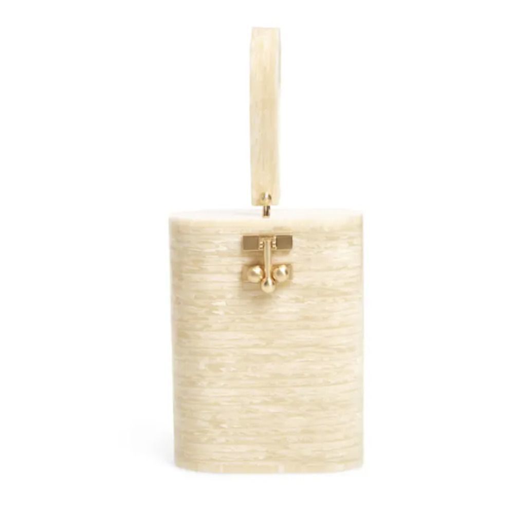 EDIE PARKER Ivory Marble Acrylic Bucket Bag Oval Top Handle Statement Purse